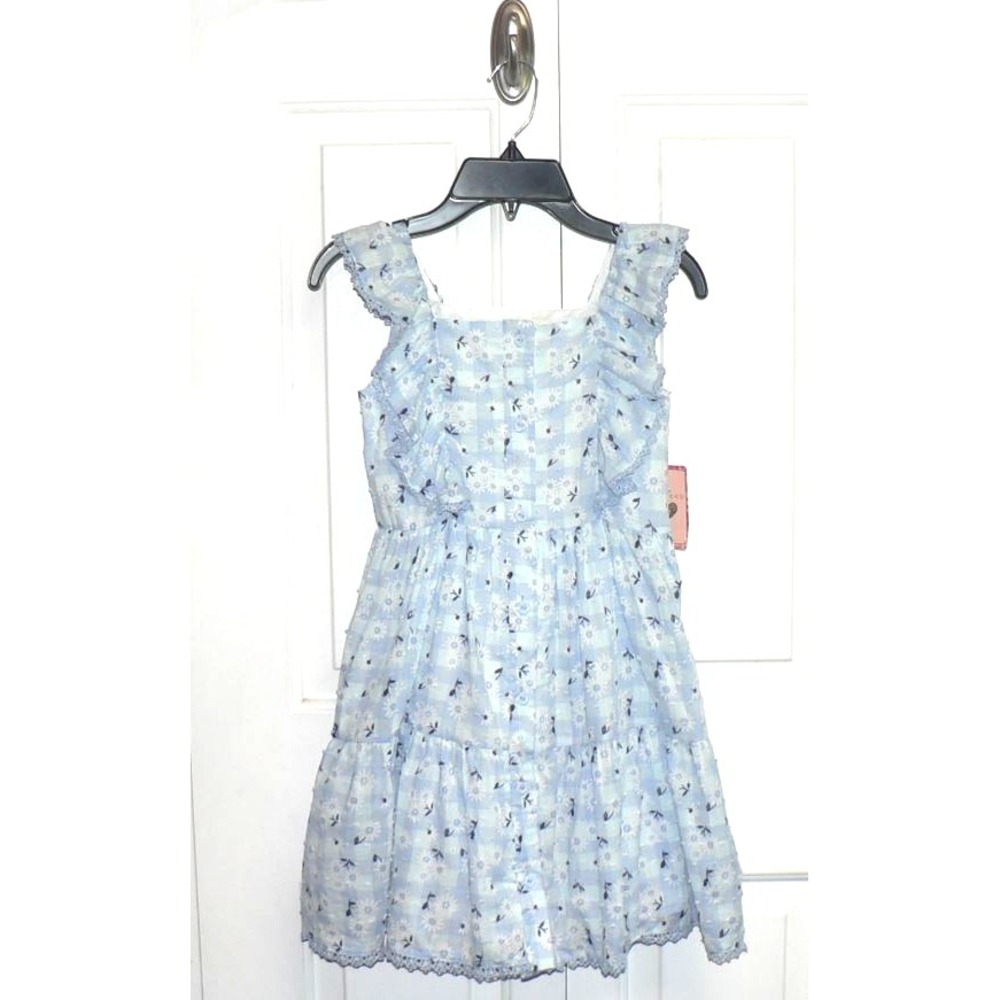 Btween‎ Girls Square Neck Ruffle Lace Sleeve Cotton Floral Dress Blue/White Sz 7